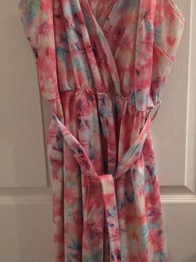 Watercolor Tie-Dye Faux Wrap Maxi Dress in Pink & Blue